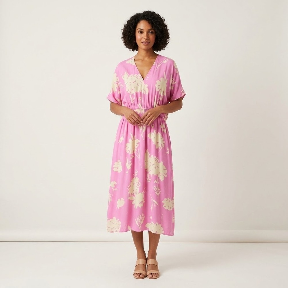 Samsoe Samsoe Andina Long Dress Pink Kirigami Floral V-Neck Pockets Size XS